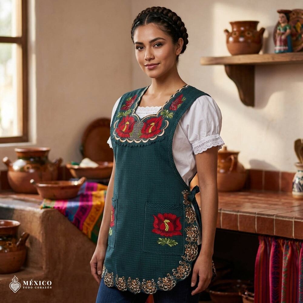 Mexican Embroidered Smock Apron – Floral Traditional Design